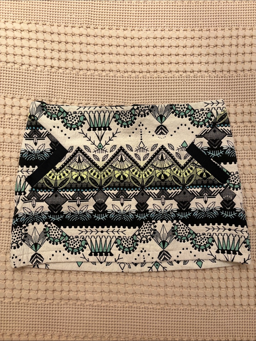 Topshop White Aztec Print Mini Skirt with Black and Green Accents